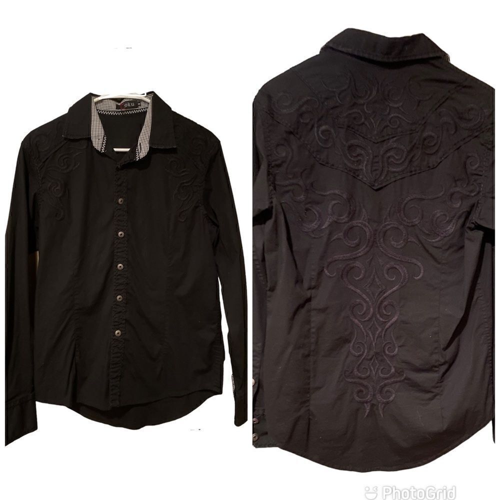 Toku Black Embroidered Long Sleeve Button Up Shirt Size Small